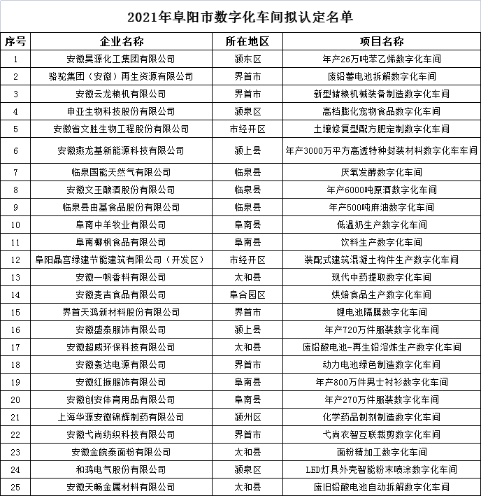 阜陽市智能工廠和數字化車間認定名單